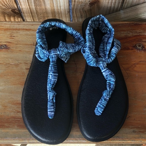 Sanuk Yoga Mat Slings Thong Flip Flops with Blue & Aqua Fabric Straps Size 11 - Picture 1 of 8